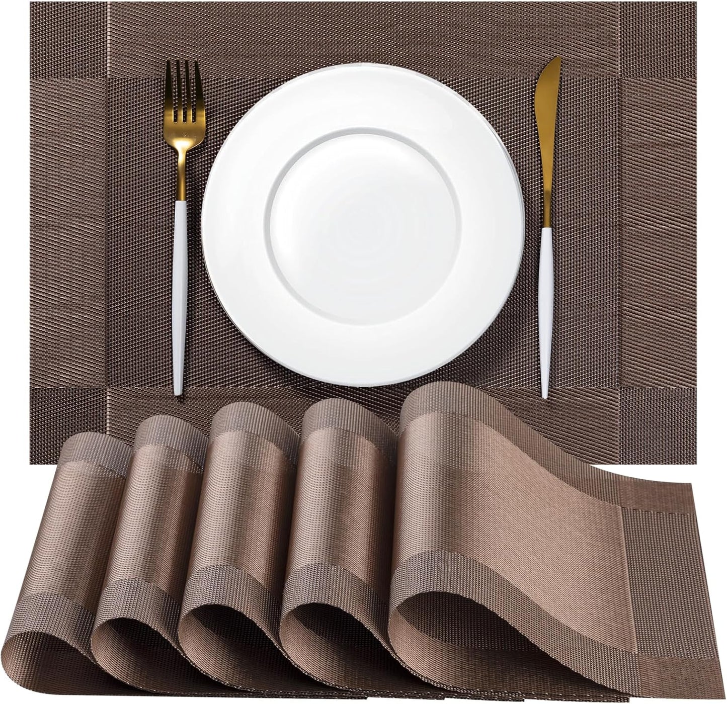 Placemats Set of 12 - Easy Clean Woven Vinyl Placemats for Dining Table, Indoor/Outdoor Place Mats, Washable PVC Table Mats（Brown Cube）
