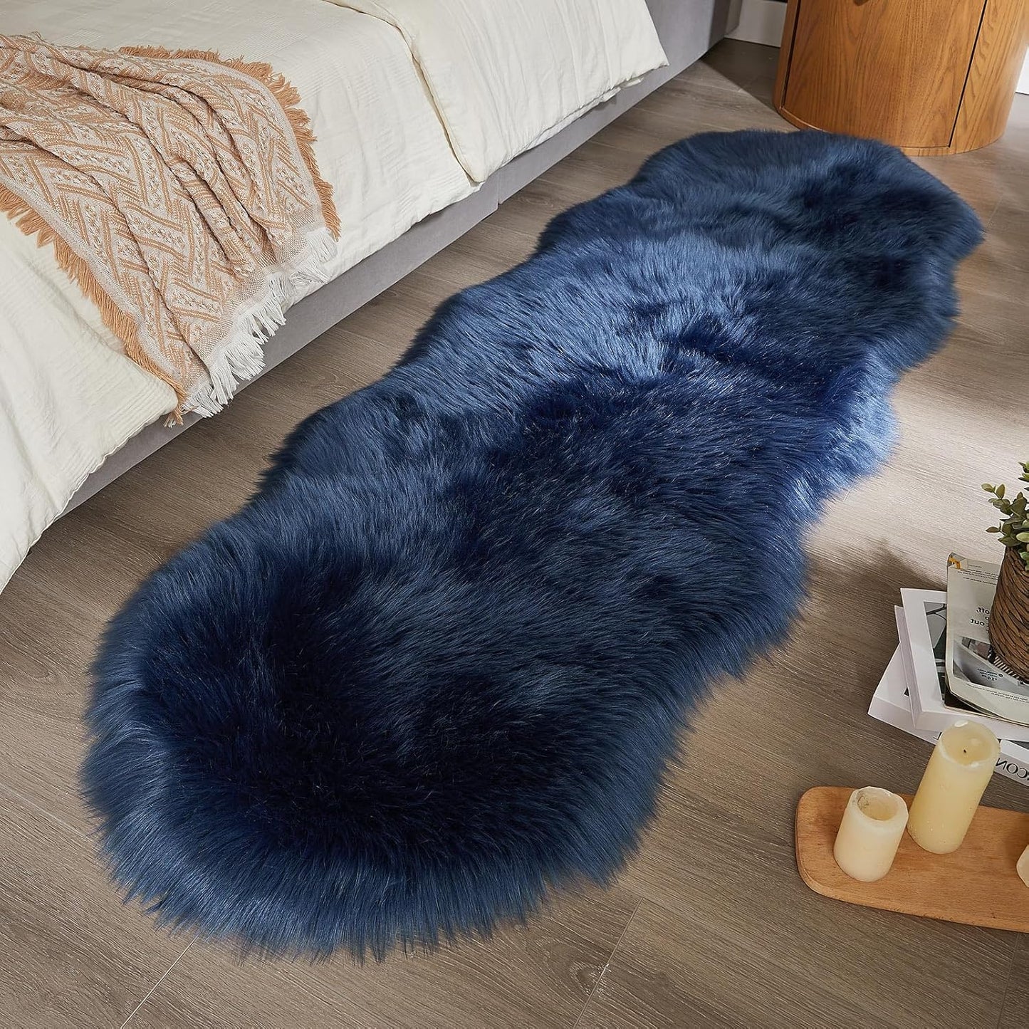 AMTOVO Faux Sheepskin Rug, Dark Blue Ultra Soft Fluffy Shag Area Rug, 2 x 6 ft Faux Fur Rug for Bedroom Sofa Throw Cushion Room Decor, Sheepskin