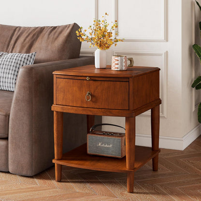 Set of 2 Solid Wood Square End Table with Drawer, 2 Tier Wooden Sofa Side Table with Sliding Shelf & Lower Shelf, Nightstand Bedside Table for Living Room Bedroom, 19.7x17.7x22.8in