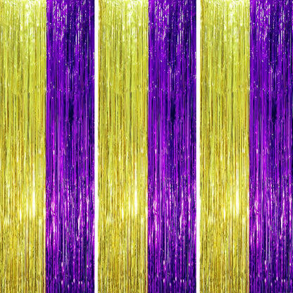 3 Pack 3.3 x 8.2 ft Purple and Gold Foil Fringe Backdrop Curtains, Tinsel Streamers Party Decorations, Fringe Backdrop, Door Shimmer for Graduation or Birthday Party
