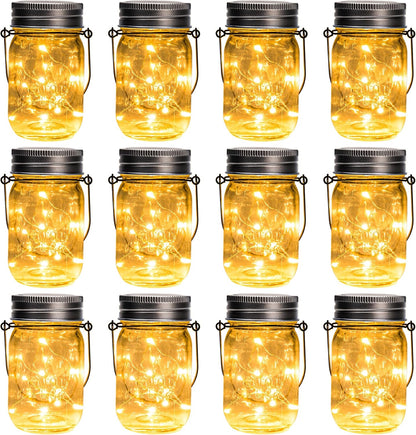 GIGALUMI Solar Mason Jar Lights, 12 Pack 30 Led String Fairy Lights Garden Lights Outdoor Waterproof Hanging Solar Lanterns for Outdoor, Garden, Patio, Lawn, Balcony Decoration
