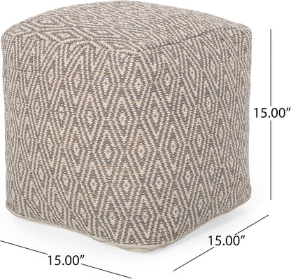 GDFStudio Boho Handmade Fabric Cube Pouf Ottoman Foot Stool - Bean Bag Floor Chair - Foot Rest Couch for Living Room Bedroom, Beige and Yellow,15"" x 15"" x 15"", 312183N