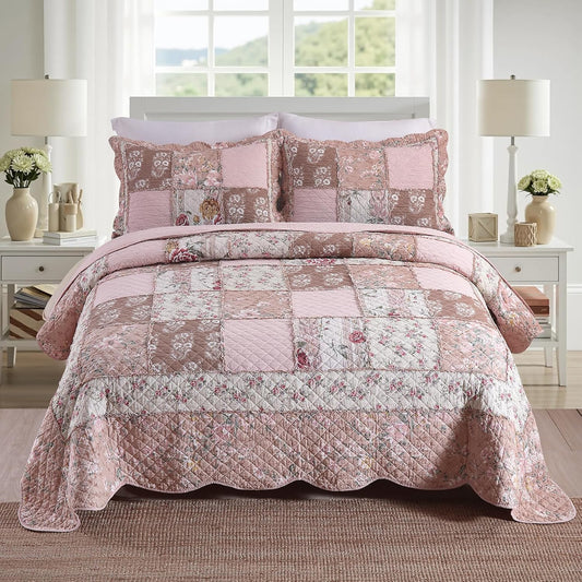 NEWLAKE Quilt Set King Size, Cotton Patchwork Pink Floral Quilt Sets, Real Stitched Embroidery Bedspread Lightweight and Breathable for All Seasons, Soft Quilted with 2 Pillow Shams