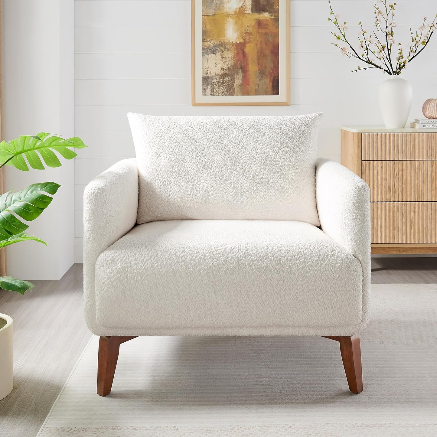 Oversized Accent Chair Modern Boucle Armchair for Living Room Sets of 2, 37" Wide & Cozy Reading Chair with Solid Wood Legs, White Upholstered Lounge for Bedroom & Office, (Easy Assembly)
