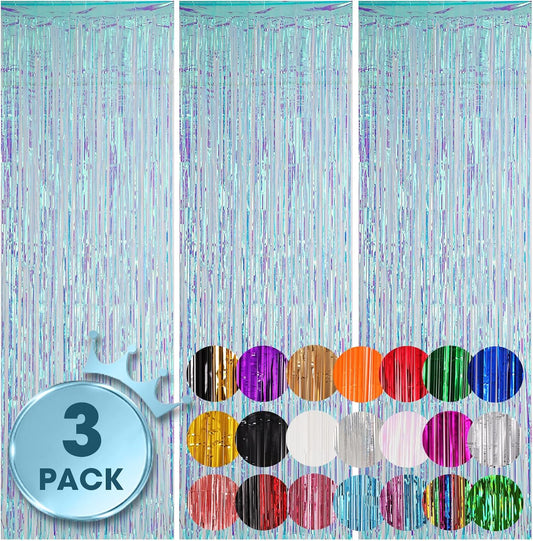 3 Pack 3.3x8.2 Feet Neon Iridescent Foil Fringe Backdrop Curtains, Tinsel Streamers Birthday Party Decorations, Fringe Backdrop for Graduation, Baby Shower, Gender Reveal, Disco Party