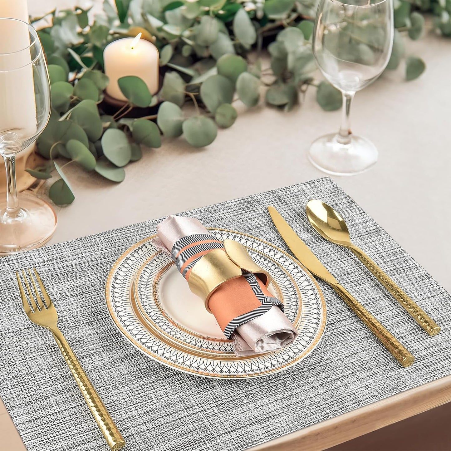 Placemats Set of 8 - Easy Clean Washable Vinyl Placemats - Wipeable Heat Resistant Table Mats for Dining Table - 17.7x11.8 Inch (8, Black & White Two-Tone)