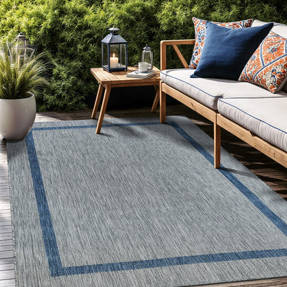 Bordered Outdoor Rug 5x7 Washable Outside Carpet for Indoor Patio Porch Waterproof Easy Cleaning Non Shedding Area Rugs Silver Gray - Blue 5 x 7