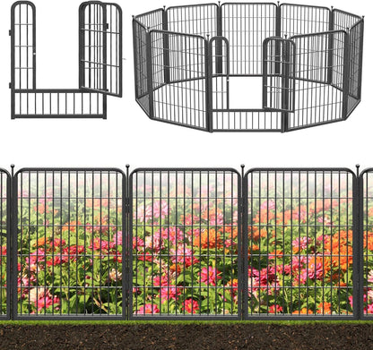 Decorative Black Metal Fencing Garden Fence with Gate, 23ft(L) 32in(H) 10 Fence Panels No Dig Fence Rustproof Animal Barrier Fence Temporary Dog Panels Fencing Outdoor