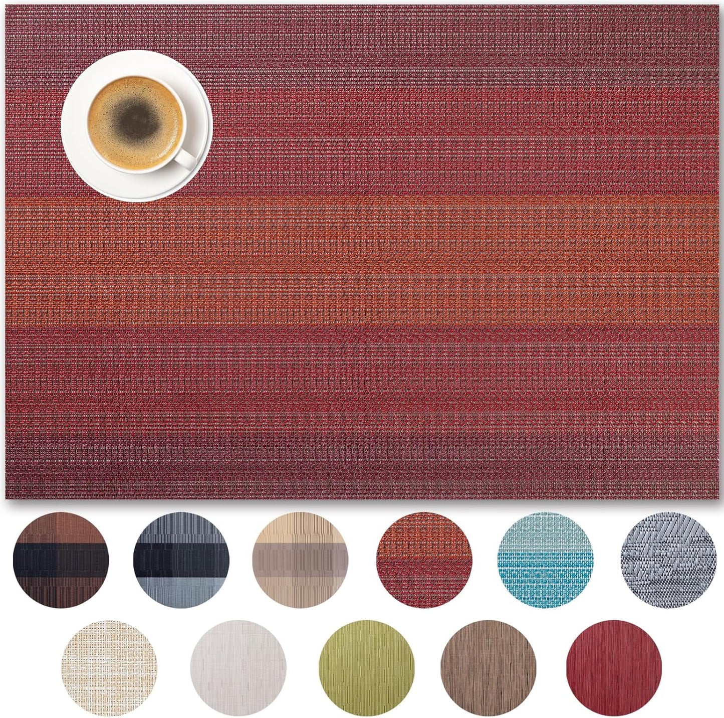 Placemats Set of 4 - Easy Clean Woven Vinyl Placemats for Dining Table, Indoor/Outdoor Place Mats, Washable PVC Table Mats（Pomegranate Parade）