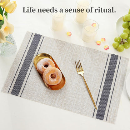 Leetaltree Khaki-Blue Placemats, Heat Resistant Non-Slip Place mats for Dining Table, Washable Durable PVC Vinyl Woven Table Mats (Set of 6)