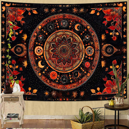 Lunerfex Mandala Moon and Stars Tapestry Boho Tapestry for Bedroom Black and Orange Tapestries Wall Hanging Living Room Wall Art and Home Decor 70x90