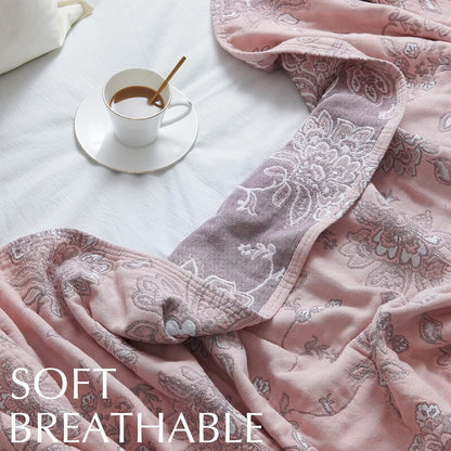 jinchan Boho 100% Cotton Muslin Twin Size 60x80 Inches Blanket Lightweight 4-Layer Quilted Soft Pink Red Floral Throw Blanket Reversible Comfy Flower Breathable All Seasons Couch Bedroom Decor