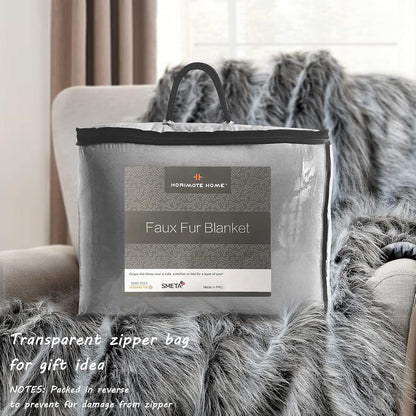Luxury Faux Fur Throw Blanket, Grey and Black High Pile Mixed Throw Blanket, Super Warm, Fuzzy, Elegant, Fluffy Decoration Blanket Scarf for Sofa, Couch and Bed, 60''x 80''