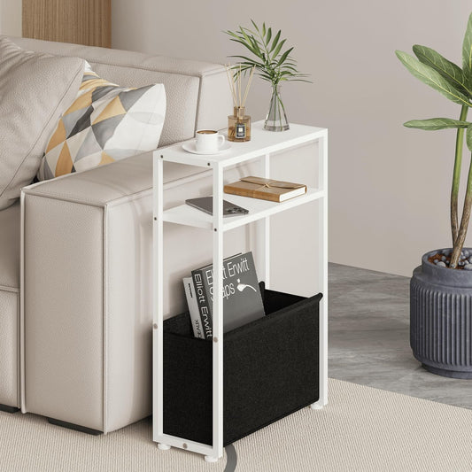 Narrow Side Table, Slim End Tables with Fabric Basket, Skinny Table for Small Spaces, Thin Bedside Table for Living Room, Bedroom, White, ZBZ01