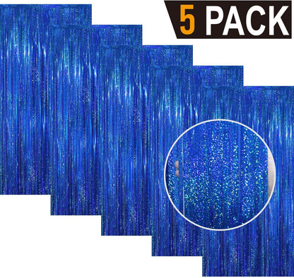 GOER 3.2 ft x 8.2 ft Metallic Tinsel Foil Fringe Curtains Party Photo Backdrop Party Streamers for Birthday,Graduation,New Year Eve Decorations Wedding Decor(5 Packs,Shiny Blue)