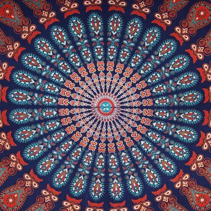 Bless International Handmade Indian hippie Bohemian Psychedelic Peacock Mandala Wall hanging College Dorm Beach Throws Table Cloth Bedding Tapestry (Golden Blue White, Queen(84x90Inches)(215x230Cms))