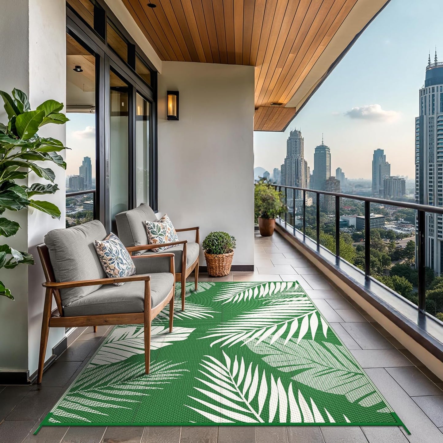 GENIMO Outdoor Rug 9' x 12' Waterproof for Patios Clearance, Reversible Outdoor Plastic Straw Camping Rug Carpet, Large Area Rugs Mats for RV, Picnic, Backyard, Deck, Balcony, Porch, Dark Green&White