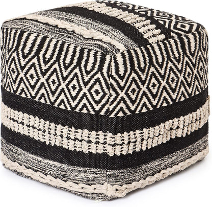 REDEARTH · Tufted Pouf Ottoman with Filler Textured Storage Cube Bean Bag Pouffe Footrest for Living Room, Bedroom, Nursery, Kidsroom; 100% Cotton (17.5"X17.5"X17.5", Char Delineate Black)