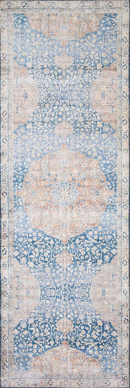 Loloi Layla Collection LAY-07 Blue/Tangerine 2'-6" x 7'-6" .13" Thick Runner Rug, Soft, Durable, Vintage Inspired, Distressed, Low Pile, Non-Shedding, Easy Clean, Printed, Living Room Rug