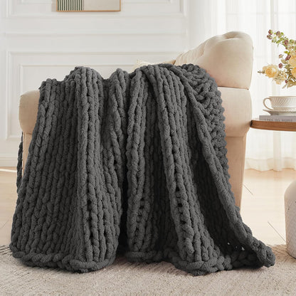 Carriediosa Chunky Knit Throw Blanket 60" X 80" Twin, 100% Hand Made Large Chenille Loop Yarn Soft Fluffy Throws for Couch Sofa Bed, Big Crochet Cozy Heavy Thick Cable Woven Blankets, Dark Grey