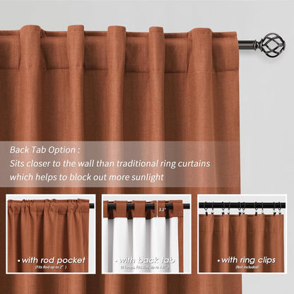 BOODII Terracotta Linen 100% Blackout Curtains 108 Inch Extra Long Room Darkening Light Blocking Thermal Insulated Window Drapes Back Tab for Living Dining Room Flax Linen Look Curtains Burnt Orange