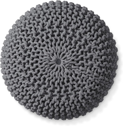 Casafield Round Pouf Ottoman, Dark Gray - 20" Diameter x 14.5" High Cotton Knit Foot Stool - Boho Floor Pouffe for Living Room, Bedroom, Home Office