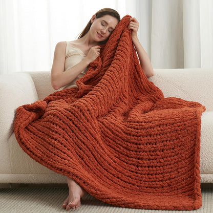 Amélie Home Chunky Knit Throw Blanket for Couch, Soft Chenille Crochet Blanket for Sofa, 50"x60", Burnt Orange