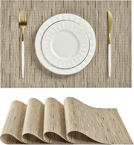 Leetaltree Light Brown Placemats Set of 4 - Heat Resistant Non-Slip Place mats for Dining Table, Washable Durable PVC Vinyl Woven Table Mats（Light Brown, 4）