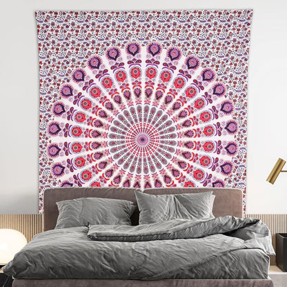 Bless International Handmade Indian hippie Bohemian Psychedelic Peacock Mandala Wall hanging College Dorm Beach Throws Table Cloth Bedding Tapestry (Pink Blue, Queen(84x90Inches)(215x230Cms))