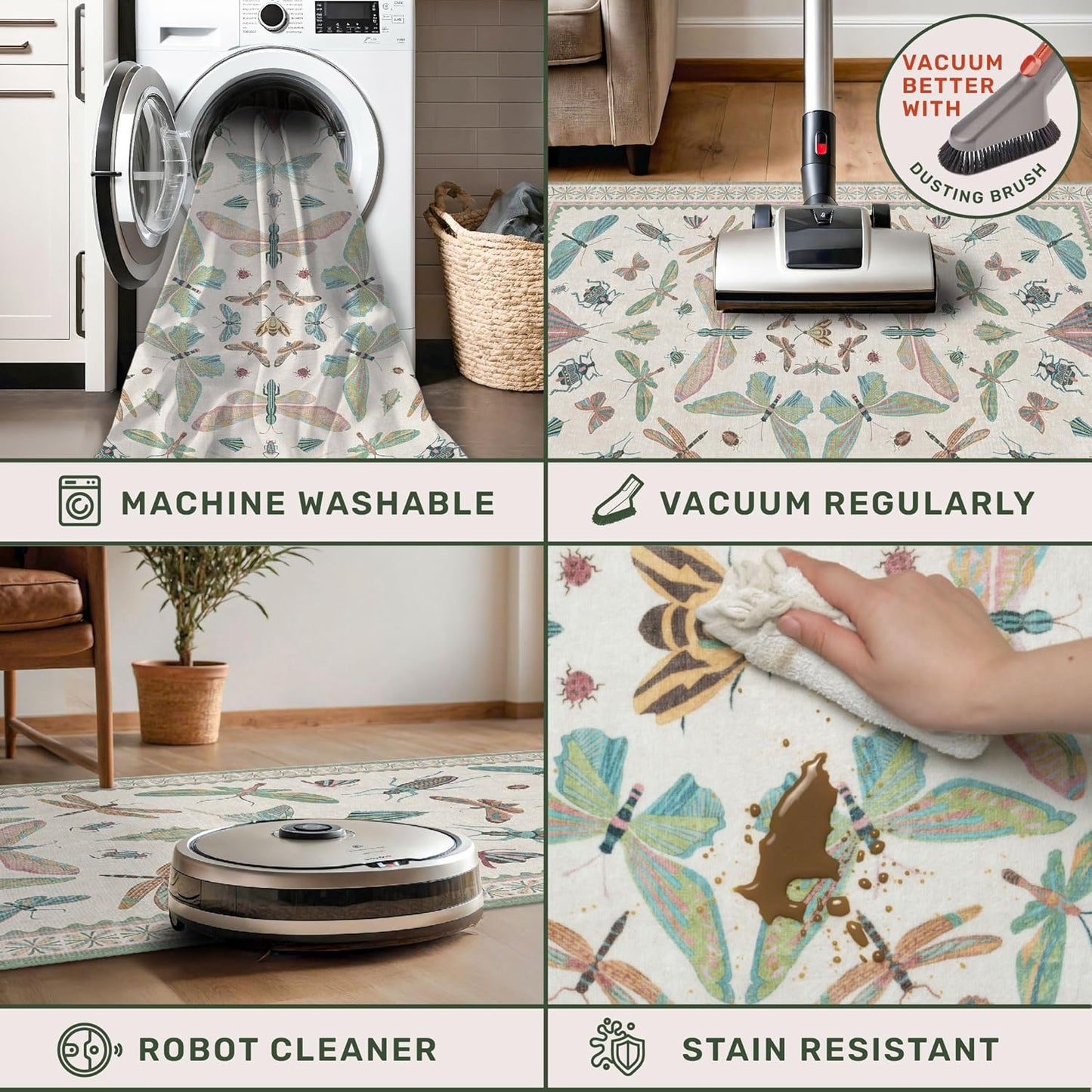 Sage Green Rugs for Bedroom Under Bed - 6x9 Area Rug for Living Room, Dining Room, Kids Playroom, Fun Insect Cute Décor,Ultra Soft Non Slip Stain Resistant