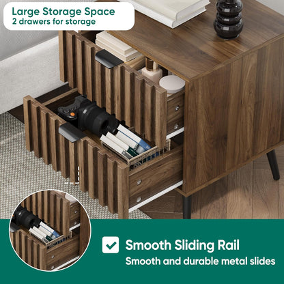 Smuxee Walnut Wooden Night Stand, Mid Century Nightstand with 2 Fluted Drawers, Bedside Table with Metal Feet, Modern End Side Table for Bedroom