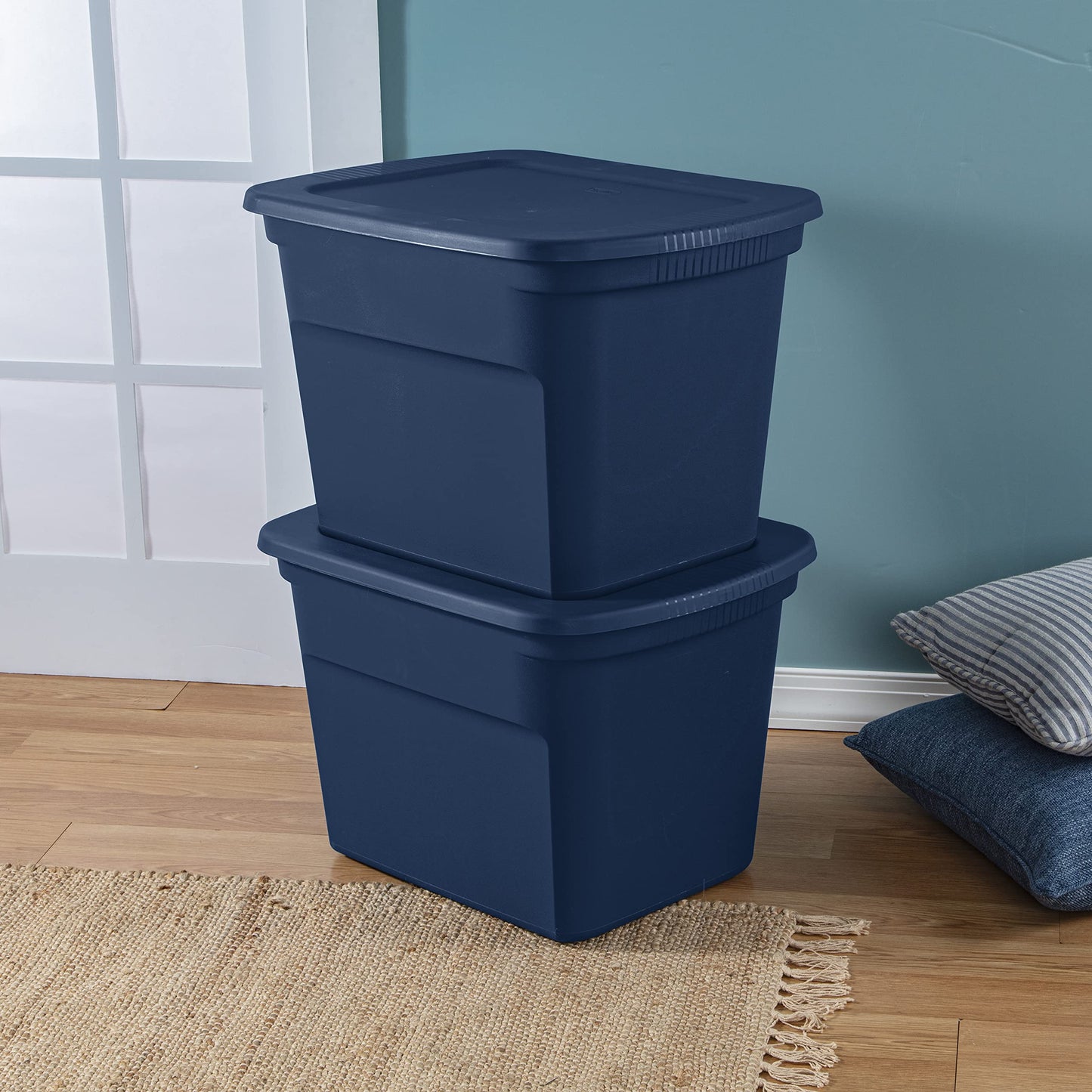 Sterilite 18 Gallon Tote, Plastic Storage Bin with Snap Lid, Blue, 8 Pack
