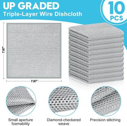 10 Pcs New Upgraded 3 Layers Non Scratch Wire Dishcloth, Multipurpose Wire Dishwashing Rags, Wet & Dry for Cookware, Sinks, Dishes, Stoves & Fireplaces 7.87“ x 7.87”