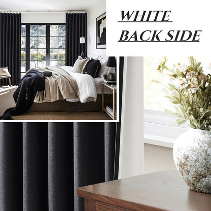 Unique Pinch Pleated Black Blackout Curtains 86 Inches Long for Living Room, Textured Linen Room Divider Window Curtain with Hooks Back Tab 2 Panels Set Thermal Thick Drapes 40" W x 86" L Length