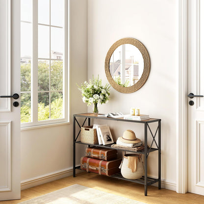 Hoctieon Industrial Console Table, 3 Tier Entryway Table, Hallway Table, Narrow Sofa Table with Shelves, Entrance Table for Entryway, Living Room, Foyer, Hallway, Office, Rustic Brown&Black