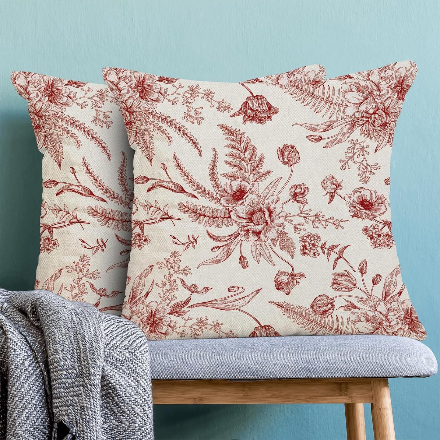 Wine Red Spring Pillow Covers 18 x 18 Inch Set of 2 for Chinoiserie Flowers Decor Throw Pillows Burgundy Floral Leaves Seasonal Plant Outdoor Decorative Cushion Cases for Couch Bed Decorations