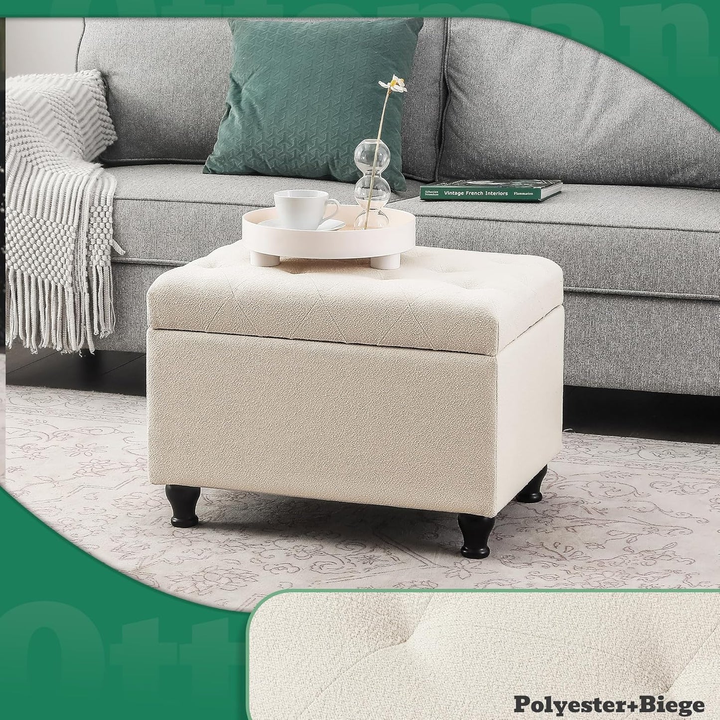 Ottoman with Storage 24'' Storage Ottomans Fabric Ottoman Footstools Small Upholstered Foot Rest Stool for Couch, Living Room, Bedroom, Entrance Shoe Bench Beige