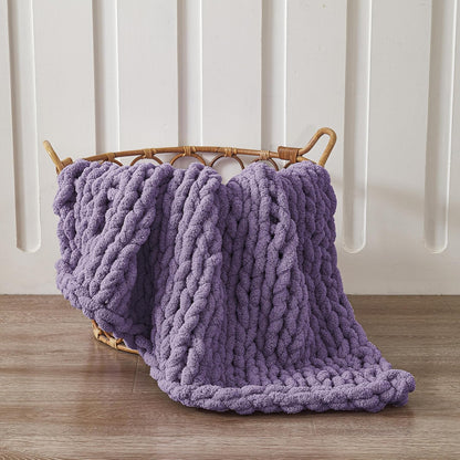 WESHIONGOO Chunky Knit Blanket Throw 40"×40" Knitted Throw Blankets for Couch Bed Fluffy Soft Blanket with Jumbo Chenille Yarn Thick 100% Handmade(Purple)