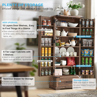 72‘’ Farmhouse Kitchen Pantry Cabinet with Drawer, Tall Storage Cabinet with 2 Barn Doors and Shelves, Versatile Large Rustic for Dining Room, Bathroom, Living Room, Laudry, Brown