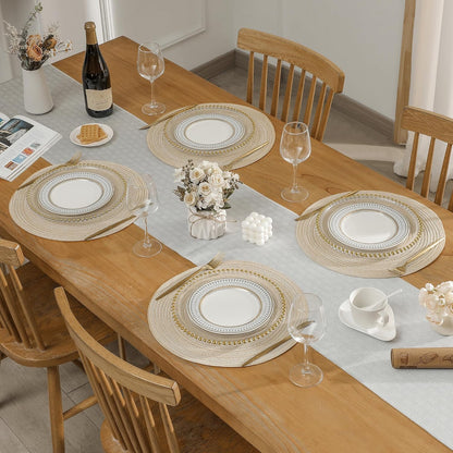 Leetaltree Round Placemats Heat and Slip Resistant Cotton Table Mats, Washable Bohemian Placemats for Dining Tables (Beige, Set of 12)