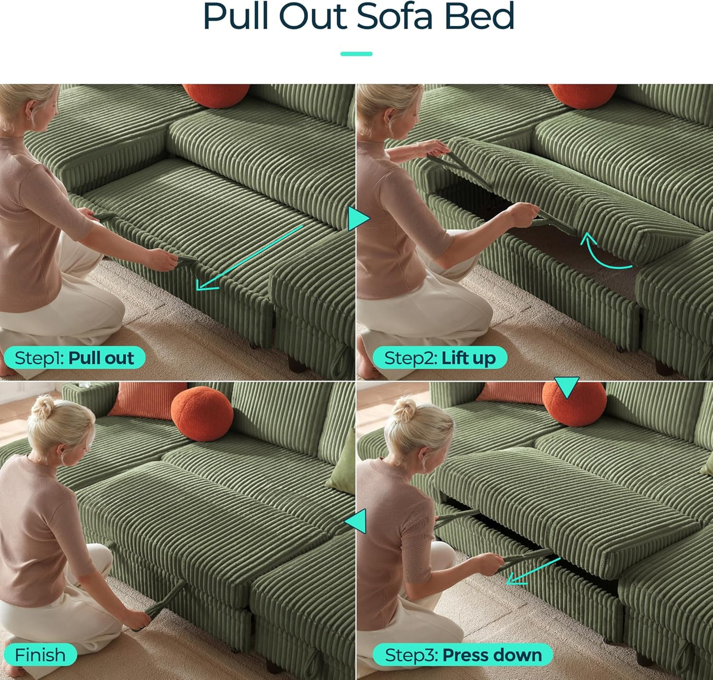 LINSY HOME Sectional Sleeper Sofa with Pull Out Couch Bed - Convertible Plush Corduroy Cloud Couch with Storage Chaise & USB Charging, Comfy U Shaped Modular Couches for Living Room, Green