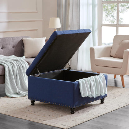Tbfit Large Square Storage Ottoman Bench, Botton Tufted Upholstered Coffee Table Ottoman with Solid Wood Legs, Oversized Storage Ottomans Toy Box for Living Room (Blue)