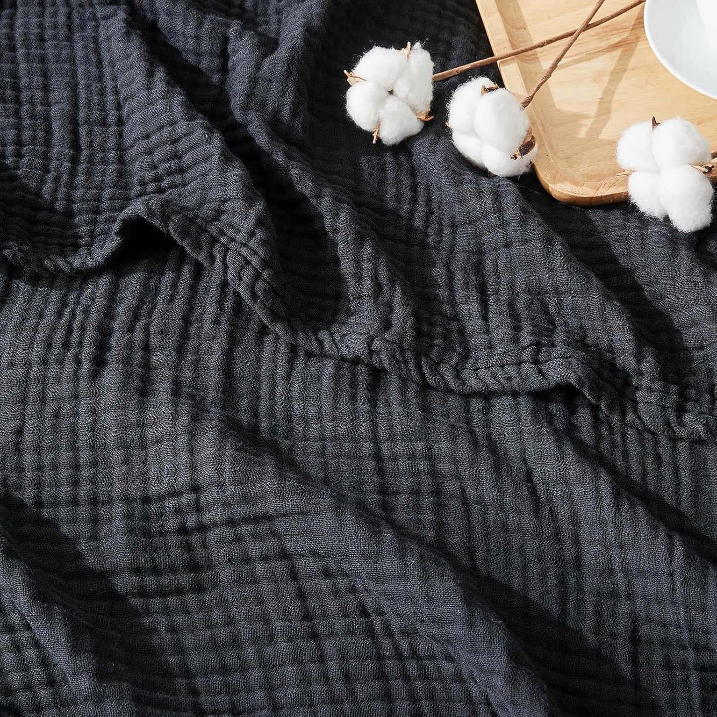 EMME Cotton Muslin Twin Blanket Breathable Gauze Blanket Soft Lightweight Blankets Adults Gifts for Women (Black, 60"x80")