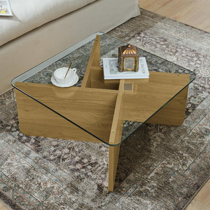 31.5" Glass Coffee Table, MDF Mid-Century Modern Square Coffee Table with Tempered Glass Top, Square Center Tables for Small Space Living Room Office Apartment, Wood