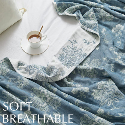jinchan Boho 100% Cotton Muslin Twin Size 50x60 Inches Blanket Lightweight 4-Layer Quilted Soft Blue and White Floral Throw Blanket Green Accents Reversible Comfy Flower Breathable Summer Couch