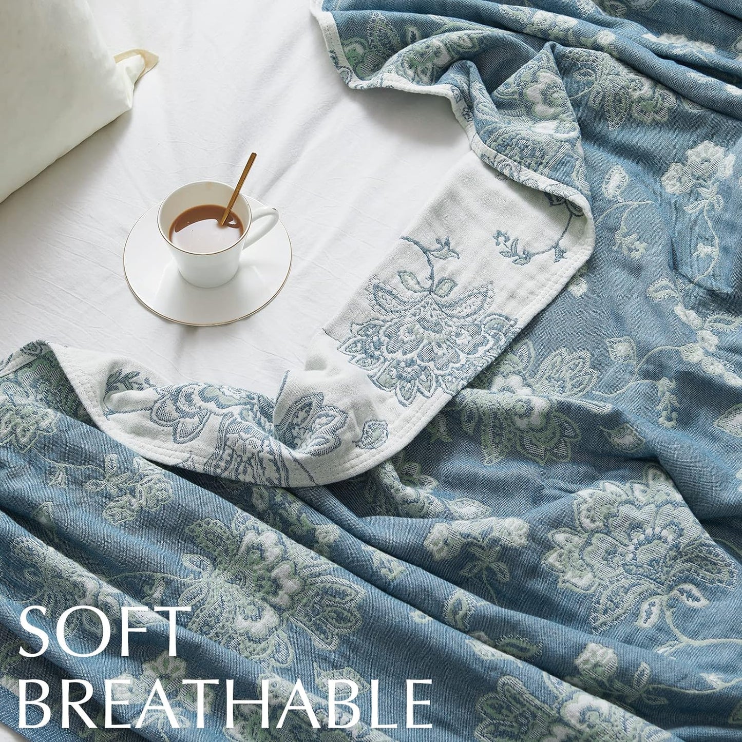 jinchan Boho 100% Cotton Muslin Twin Size 60x80 Inches Blanket Lightweight 4-Layer Quilted Soft Blue and White Floral Throw Blanket Green Accents Reversible Comfy Flower Summer Couch Bedroom Decor