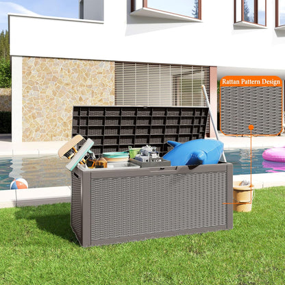 100 Gallon Resin Deck Box, Lockable Patio Outdoor Storage Box for Furniture, Garden Tools and Tools Storage, Waterproof Outside Storage Boxes - Grey