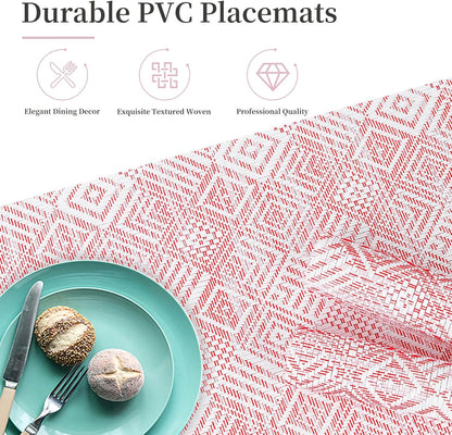 Vinyl Plastic Placemats Set of 6 Washable Heat Resistant Non-Slip Elegant Indoor Outdoor Kitchen Dining PVC Woven Table Place Mats (Red Pink Squares)
