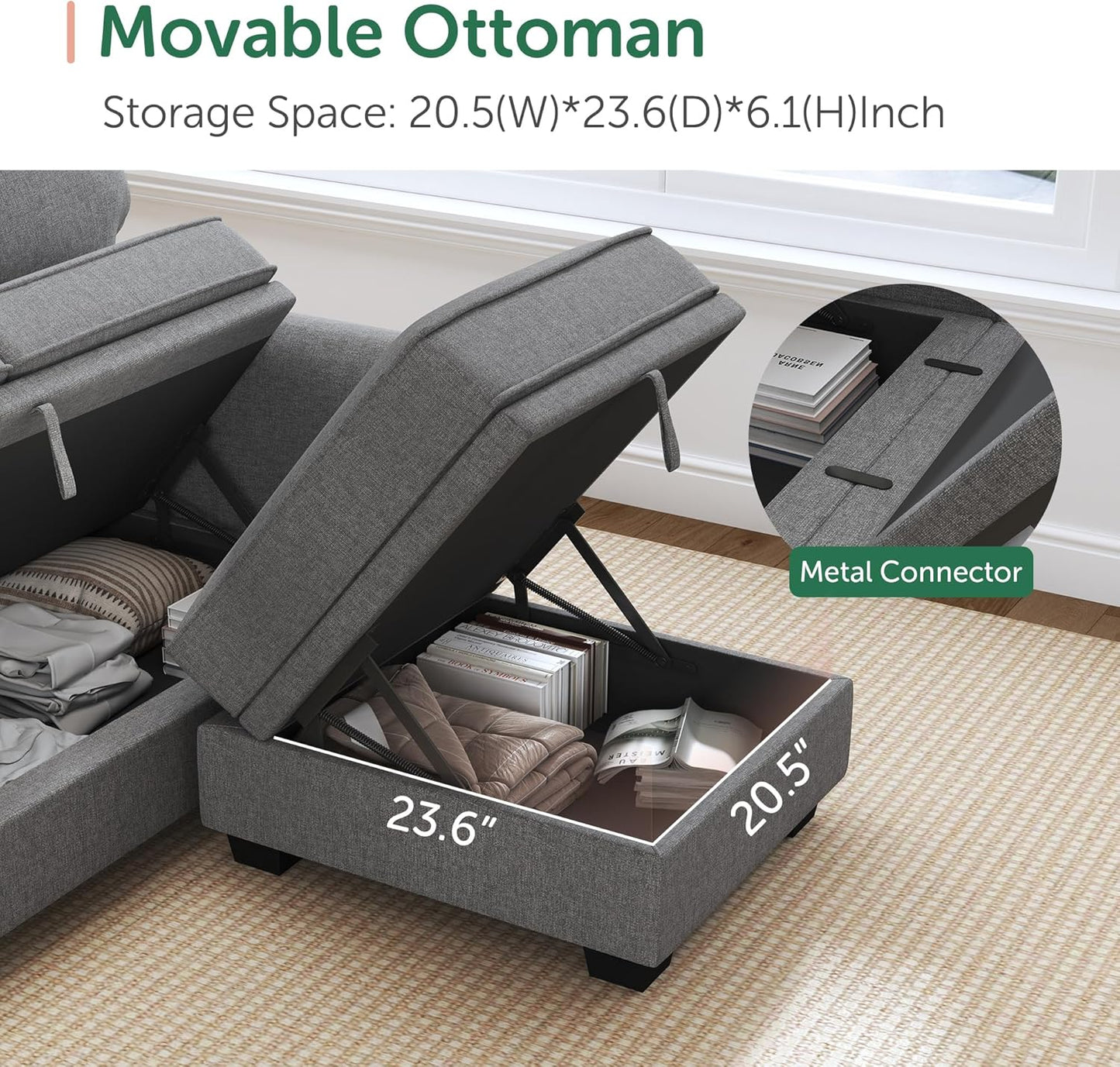 HONBAY Convertible Sectional Sofa with Storage U Shaped Sectional Couch with Reversible Chaise Small Sectional Couches for Living Room,Grey