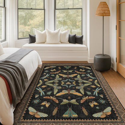 5x8 Black Rug for Bedroom - Boho Large Entryway Rug for Living Room, Under Small Dining Table, Dark Vintage Insect Witch Bug Decor, Washable Low Pile Waterproof Non Slip & Stain Resistance